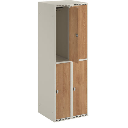 Fydor double deck clothes locker, HPL, 2 sections, white/oak, W 600 mm, flat roof shape, padlock.