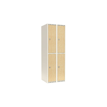 Fydor double deck clothes locker, HPL, 2 sections, white/birch, W 600 mm, flat roof shape, padlock.