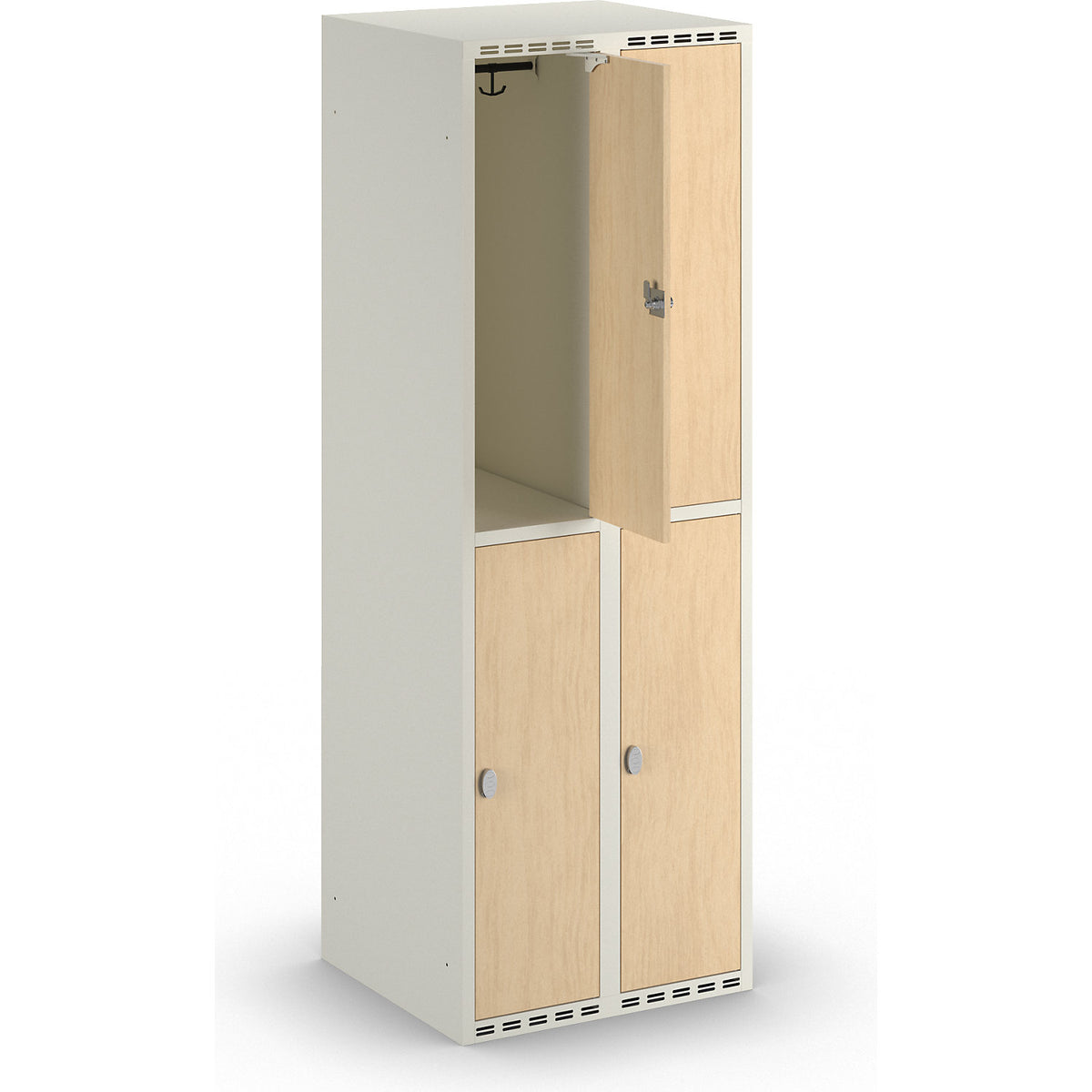 Fydor double deck clothes locker, HPL, 2 sections, white/birch, W 600 mm, flat roof shape, padlock.