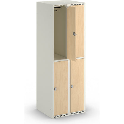 Fydor double deck clothes locker, HPL, 2 sections, white/birch, W 600 mm, flat roof shape, padlock.
