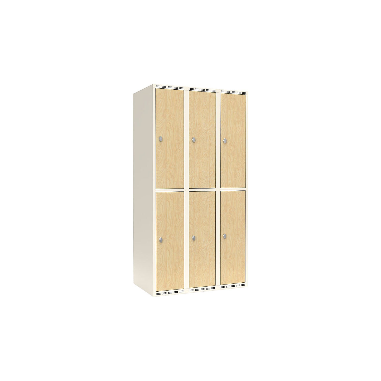 Fydor double deck clothes locker, HPL, 3 sections, white/birch, W 900 mm, flat roof shape, padlock.