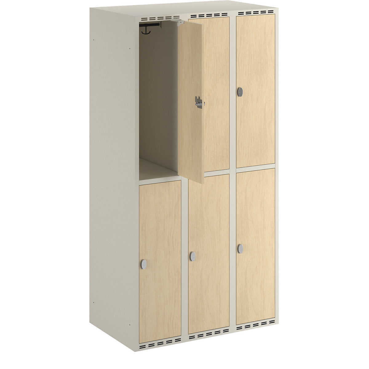 Fydor double deck clothes locker, HPL, 3 sections, white/birch, W 900 mm, flat roof shape, padlock.