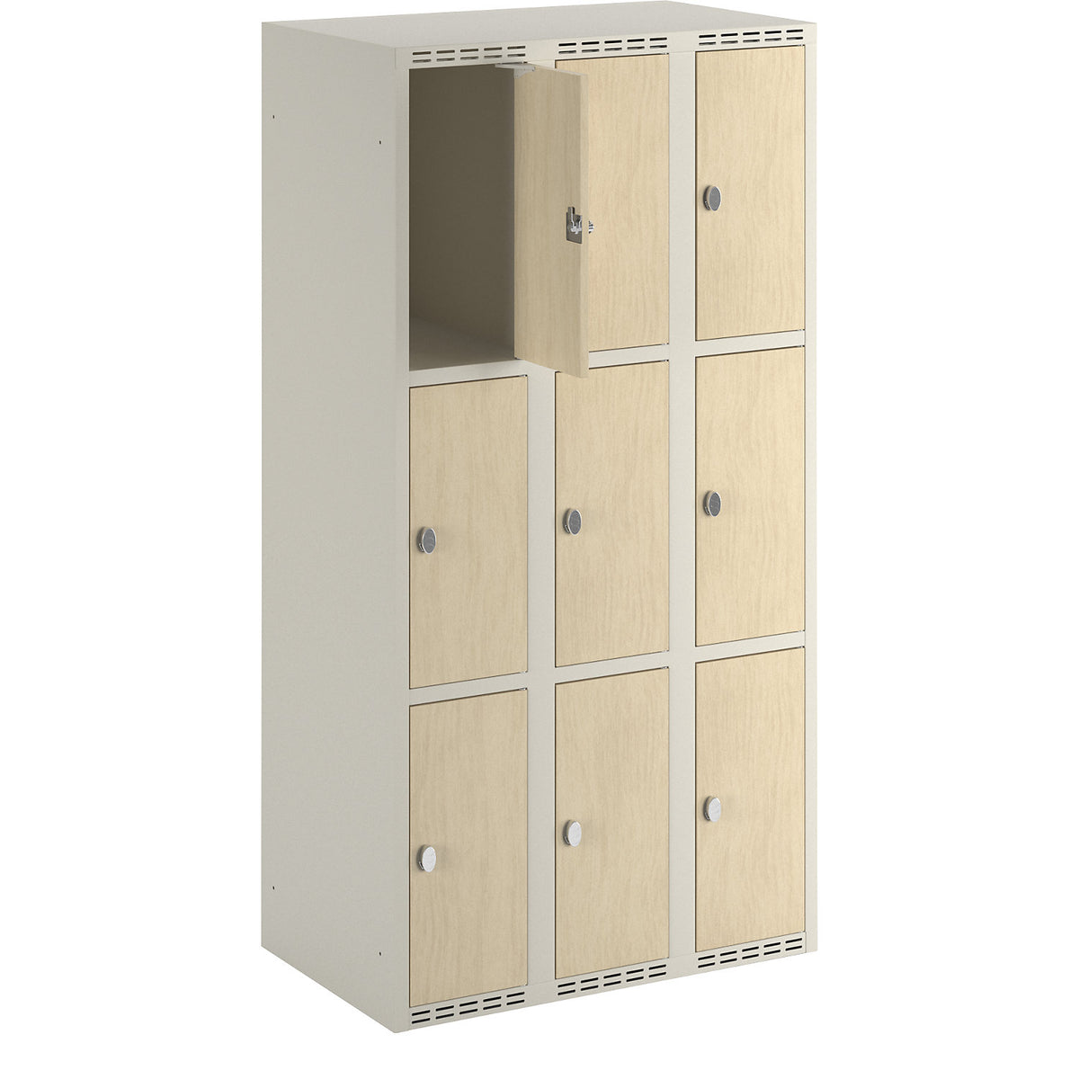 Fydor 3-door compartment locker, HPL, 3 sections, white/birch, W 900 mm, flat roof shape, padlock.