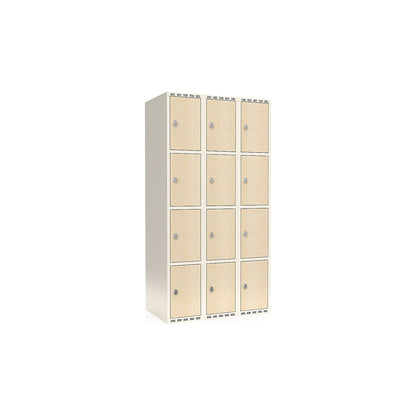Fydor 4-door compartment locker, HPL, 3 sections, white/birch, W 900 mm, flat roof shape, padlock.