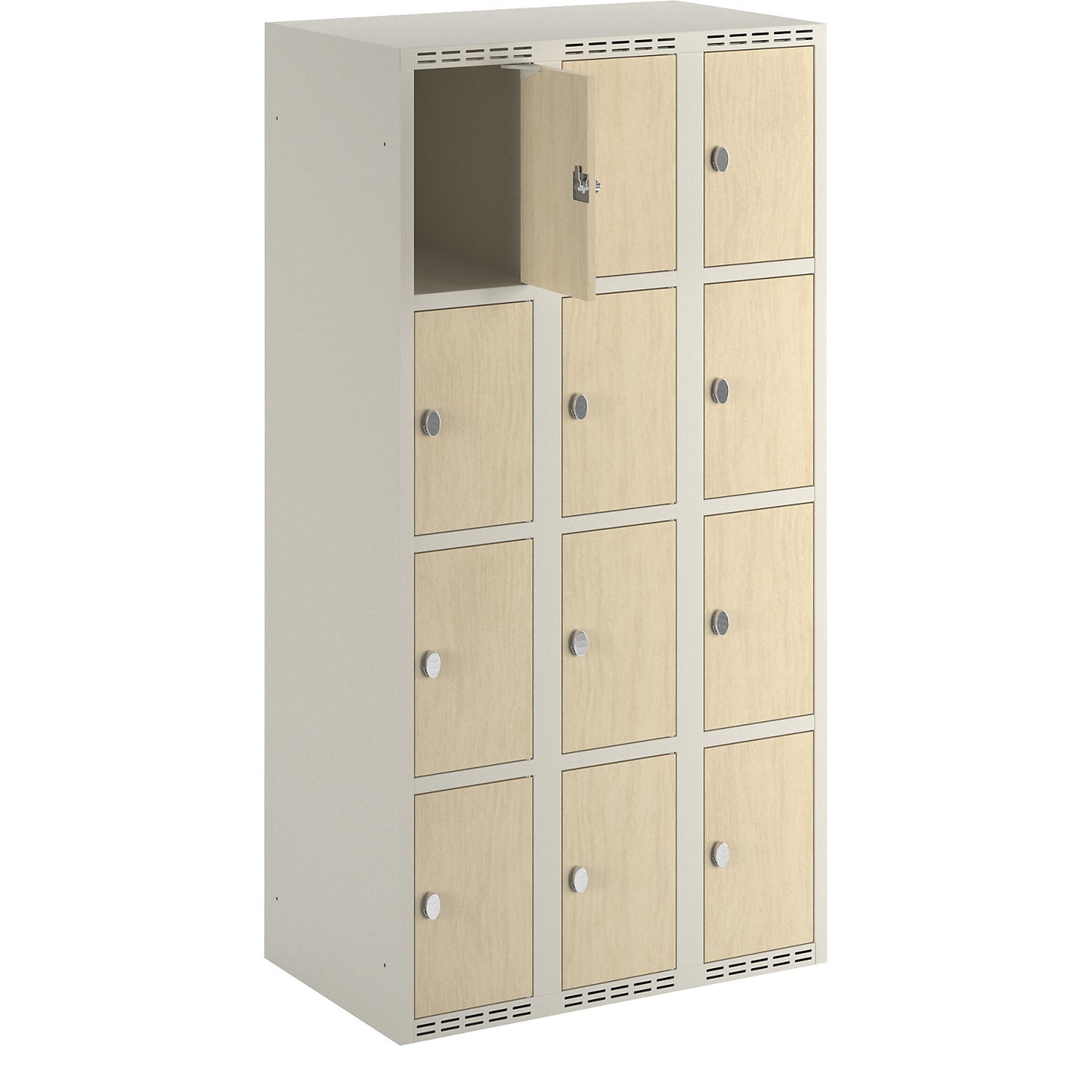 Fydor 4-door compartment locker, HPL, 3 sections, white/birch, W 900 mm, flat roof shape, padlock.