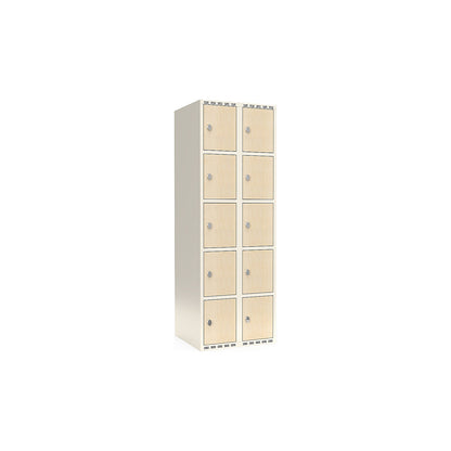 Fydor 5-door compartment locker, HPL, 2 sections, white/birch, W 600 mm, flat roof shape, padlock.