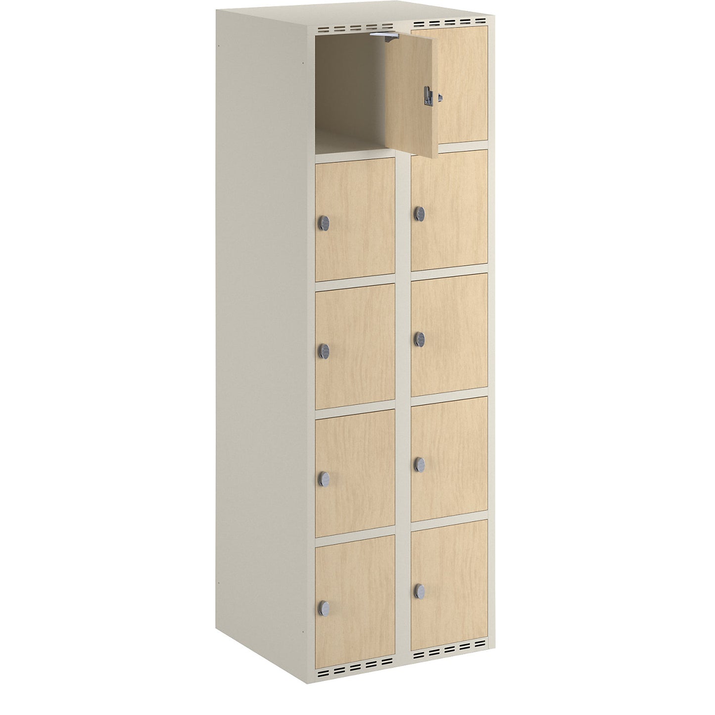 Fydor 5-door compartment locker, HPL, 2 sections, white/birch, W 600 mm, flat roof shape, padlock.