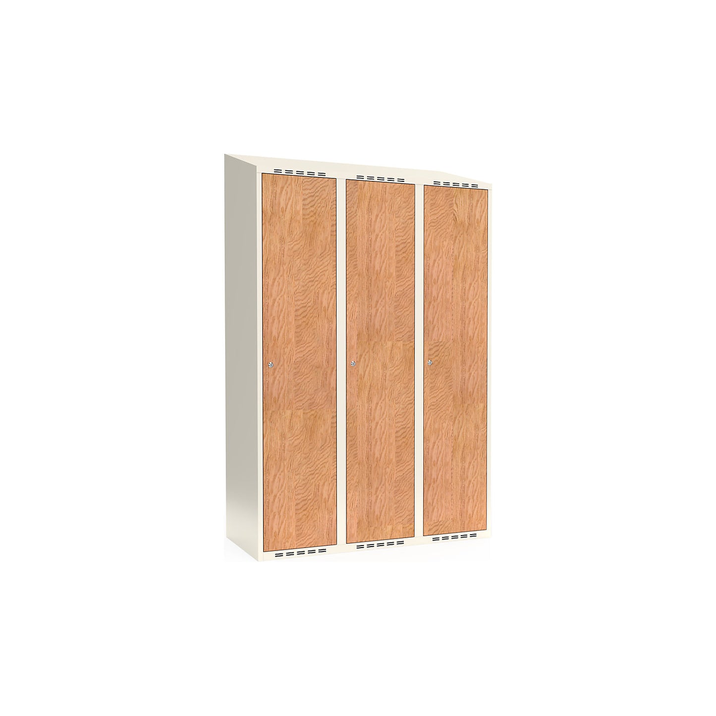 Fydor clothes locker, HPL, 3 sections, white/oak, W 1200 mm, sloping roof shape, cylinder lock.