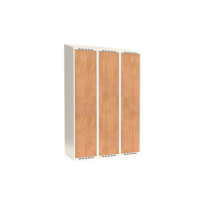 Fydor clothes locker, HPL, 3 sections, white/oak, W 1200 mm, sloping roof shape, cylinder lock.