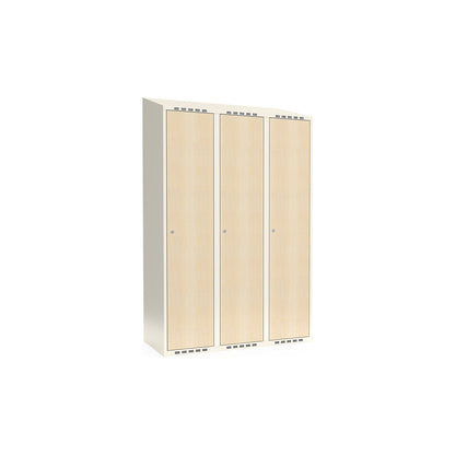 Fydor clothes locker, HPL, 3 sections, white/birch, W 1200 mm, sloping roof shape, cylinder lock.