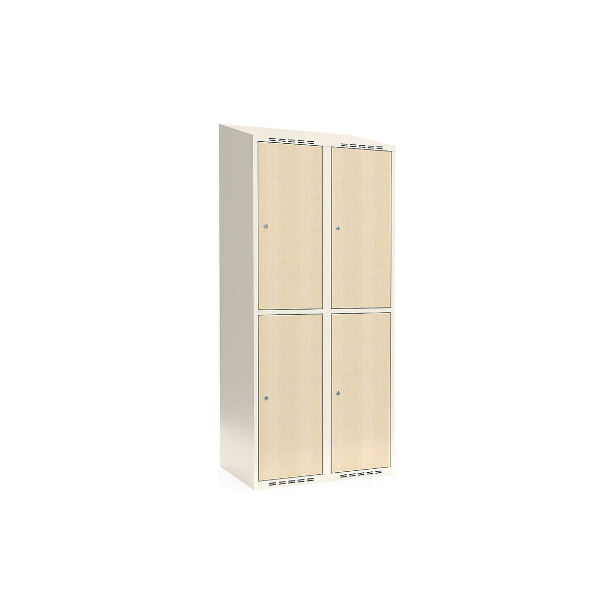 Fydor double deck clothes locker, HPL, 2 sections, white/birch, W 800 mm, sloping roof shape, cylinder lock.