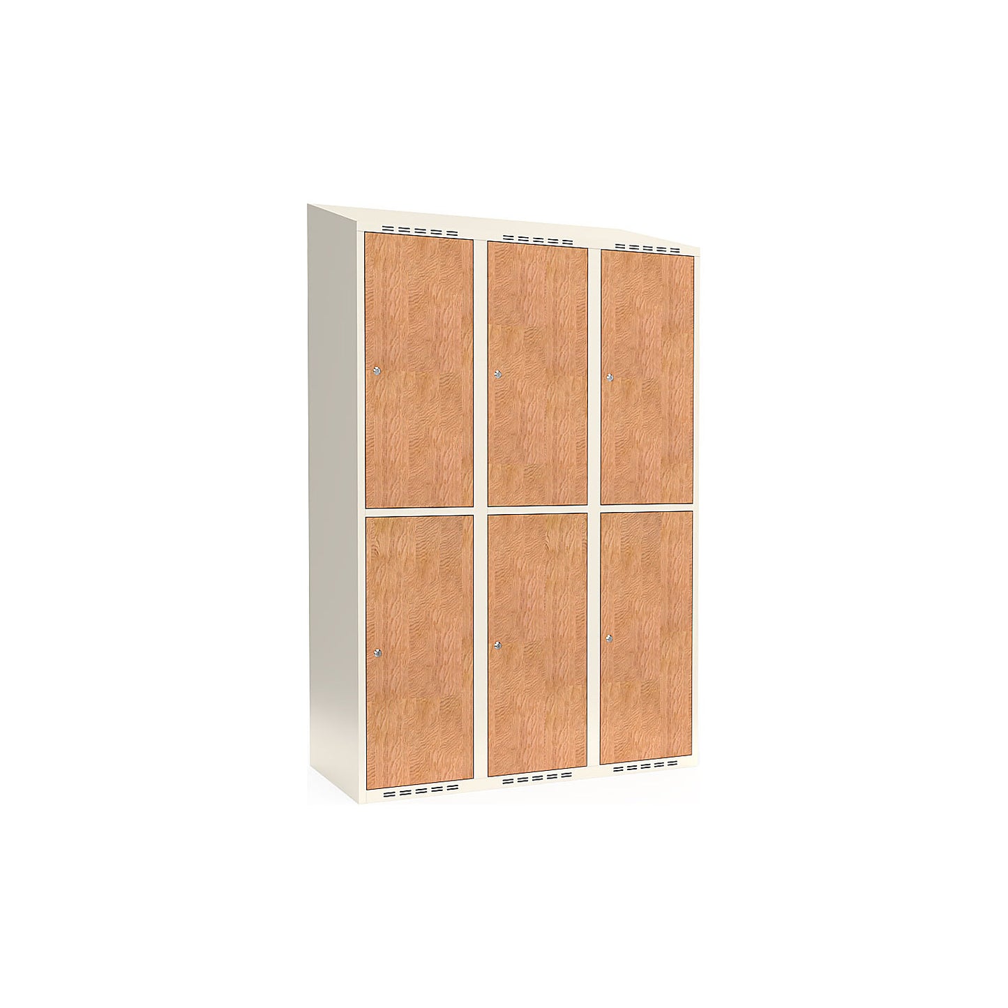 Fydor double deck clothes locker, HPL, 3 sections, white/oak, W 1200 mm, sloping roof shape, cylinder lock.