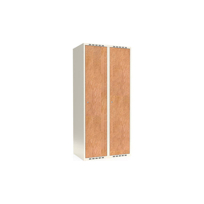 Fydor clothes locker, HPL, 2 sections, white/oak, W 800 mm, flat roof shape, cylinder lock.