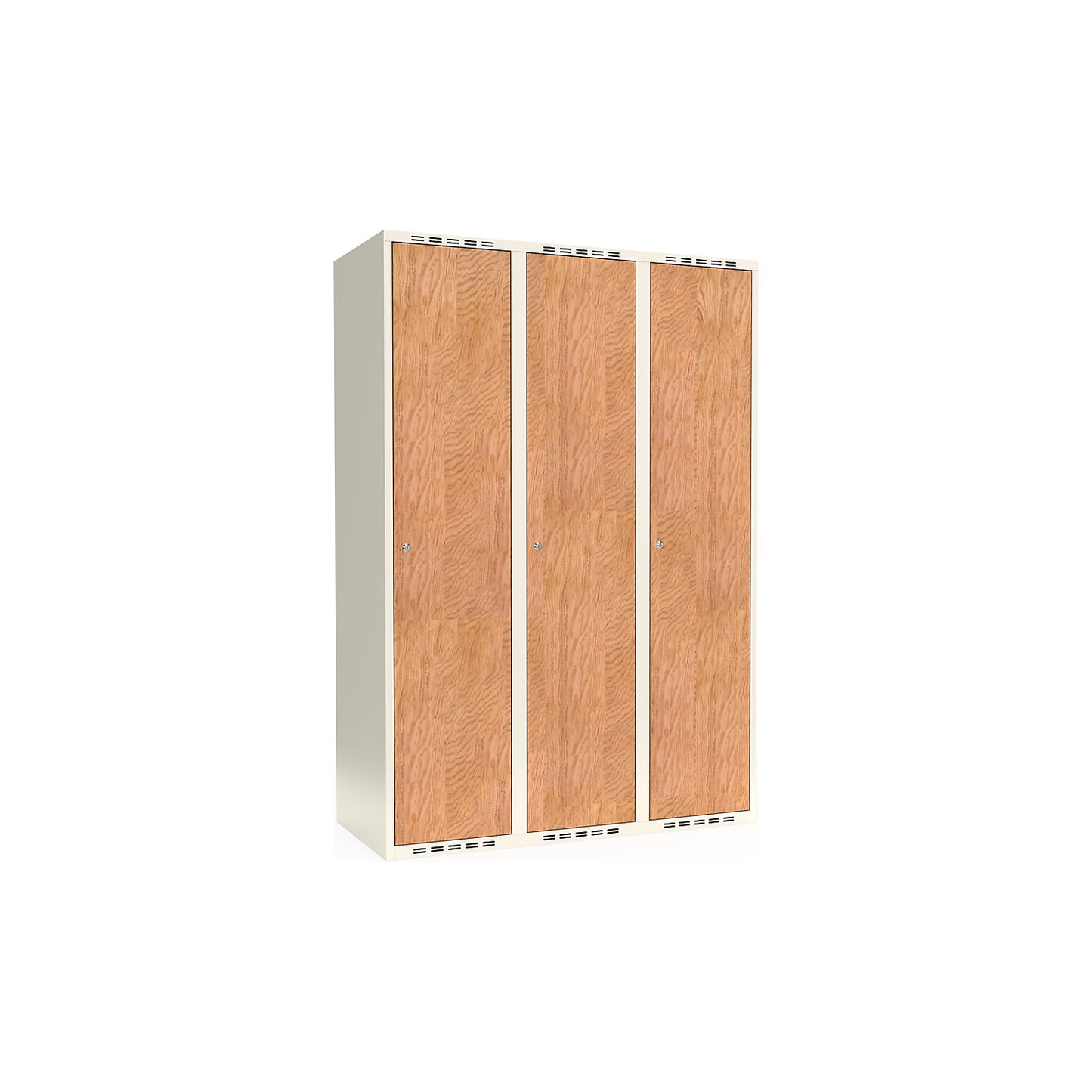 Fydor clothes locker, HPL, 3 sections, white/oak, W 1200 mm, flat roof shape, cylinder lock.
