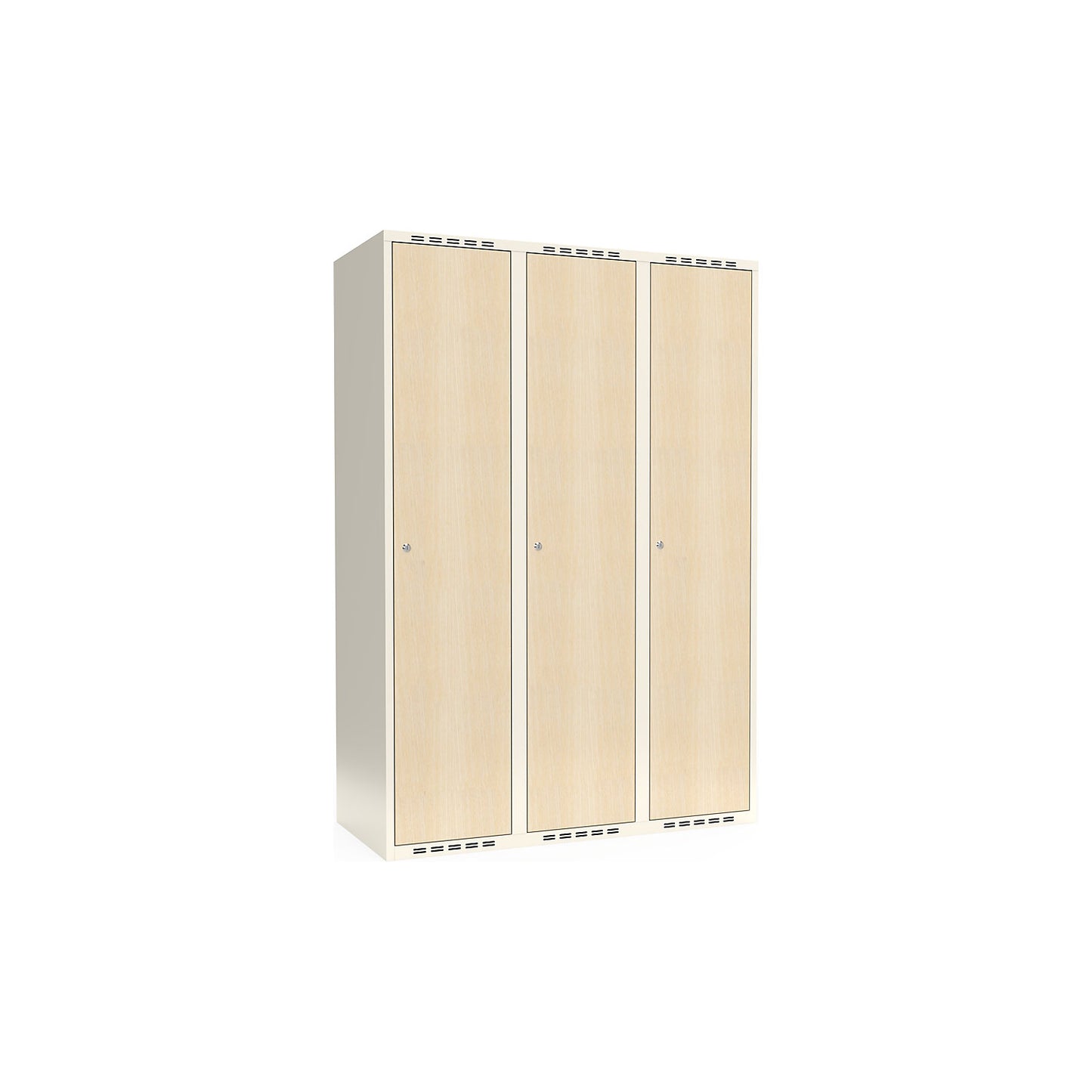 Fydor clothes locker, HPL, 3 sections, white/birch, W 1200 mm, flat roof shape, cylinder lock.