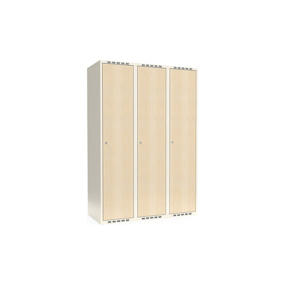 Fydor clothes locker, HPL, 3 sections, white/birch, W 1200 mm, flat roof shape, cylinder lock.