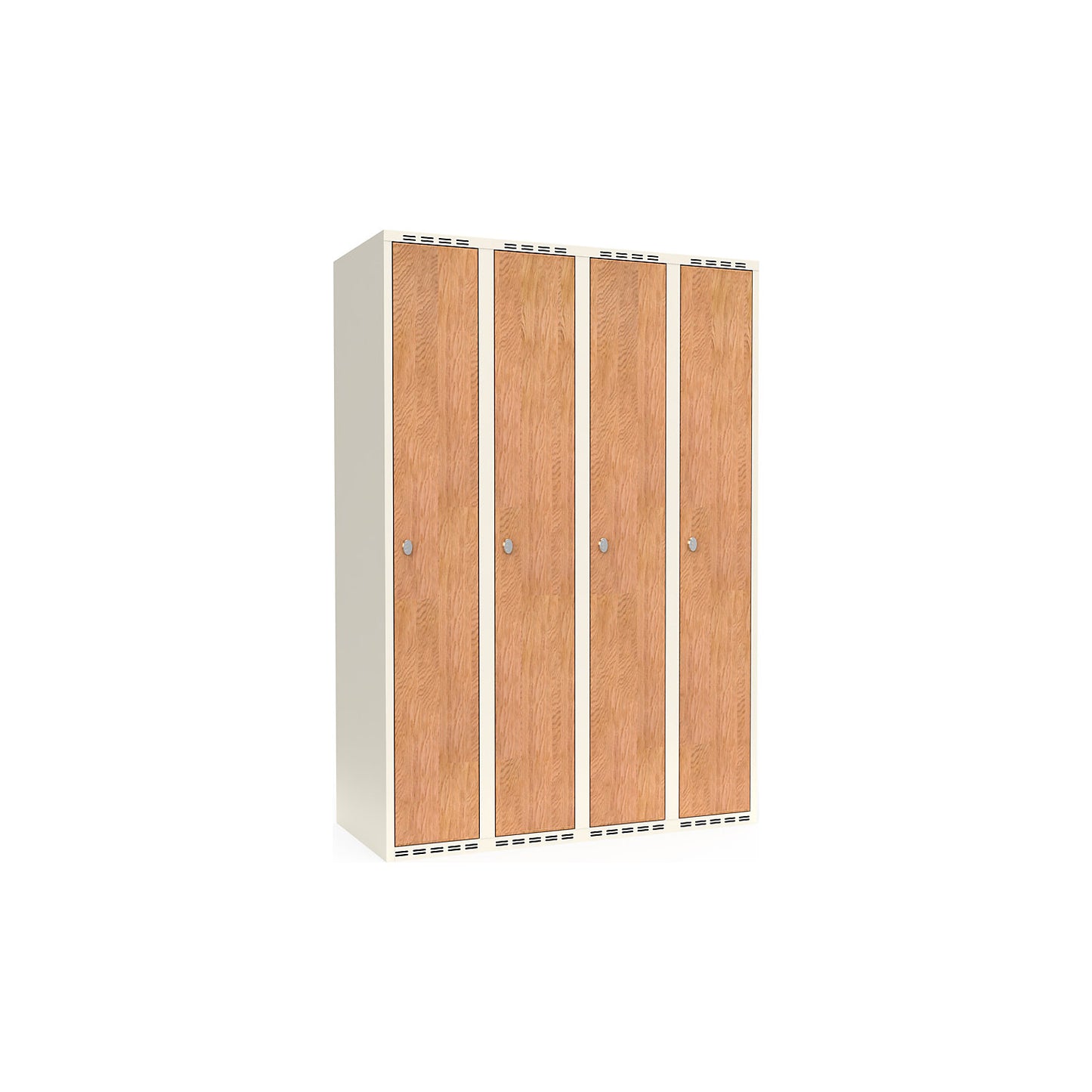Fydor clothes locker, HPL, 4 sections, white/oak, W 1200 mm, flat roof shape, padlock.