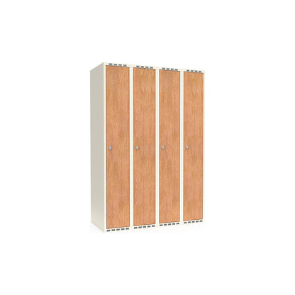 Fydor clothes locker, HPL, 4 sections, white/oak, W 1200 mm, flat roof shape, padlock.