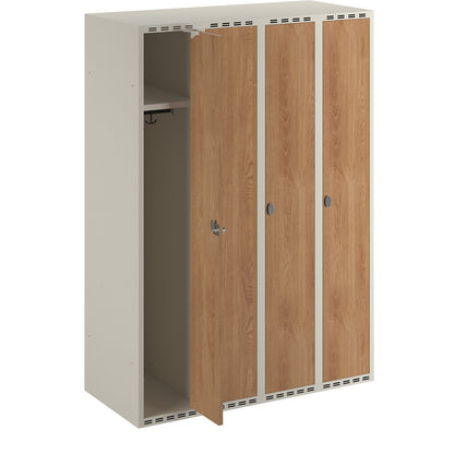 Fydor clothes locker, HPL, 4 sections, white/oak, W 1200 mm, flat roof shape, padlock.
