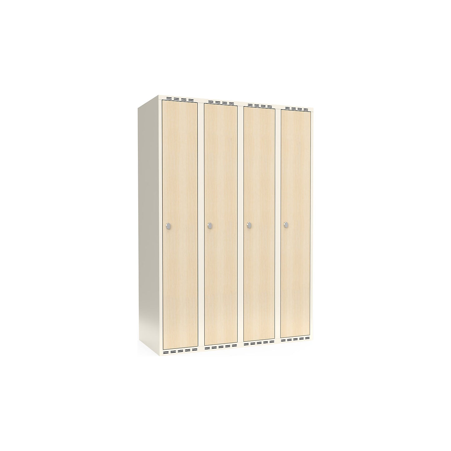 Fydor clothes locker, HPL, 4 sections, white/birch, W 1200 mm, flat roof shape, padlock.