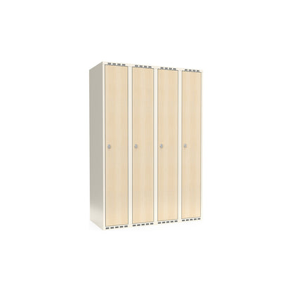 Fydor clothes locker, HPL, 4 sections, white/birch, W 1200 mm, flat roof shape, padlock.