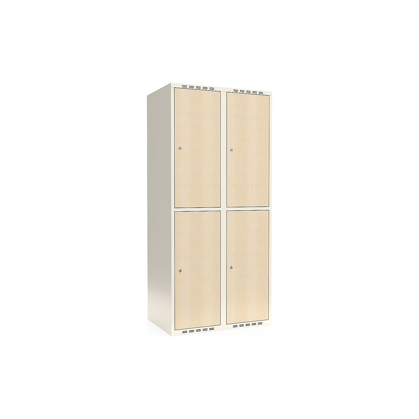 Fydor double deck clothes locker, HPL, 2 sections, white/birch, W 800 mm, flat roof shape, cylinder lock.