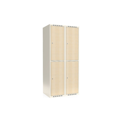 Fydor double deck clothes locker, HPL, 2 sections, white/birch, W 800 mm, flat roof shape, cylinder lock.