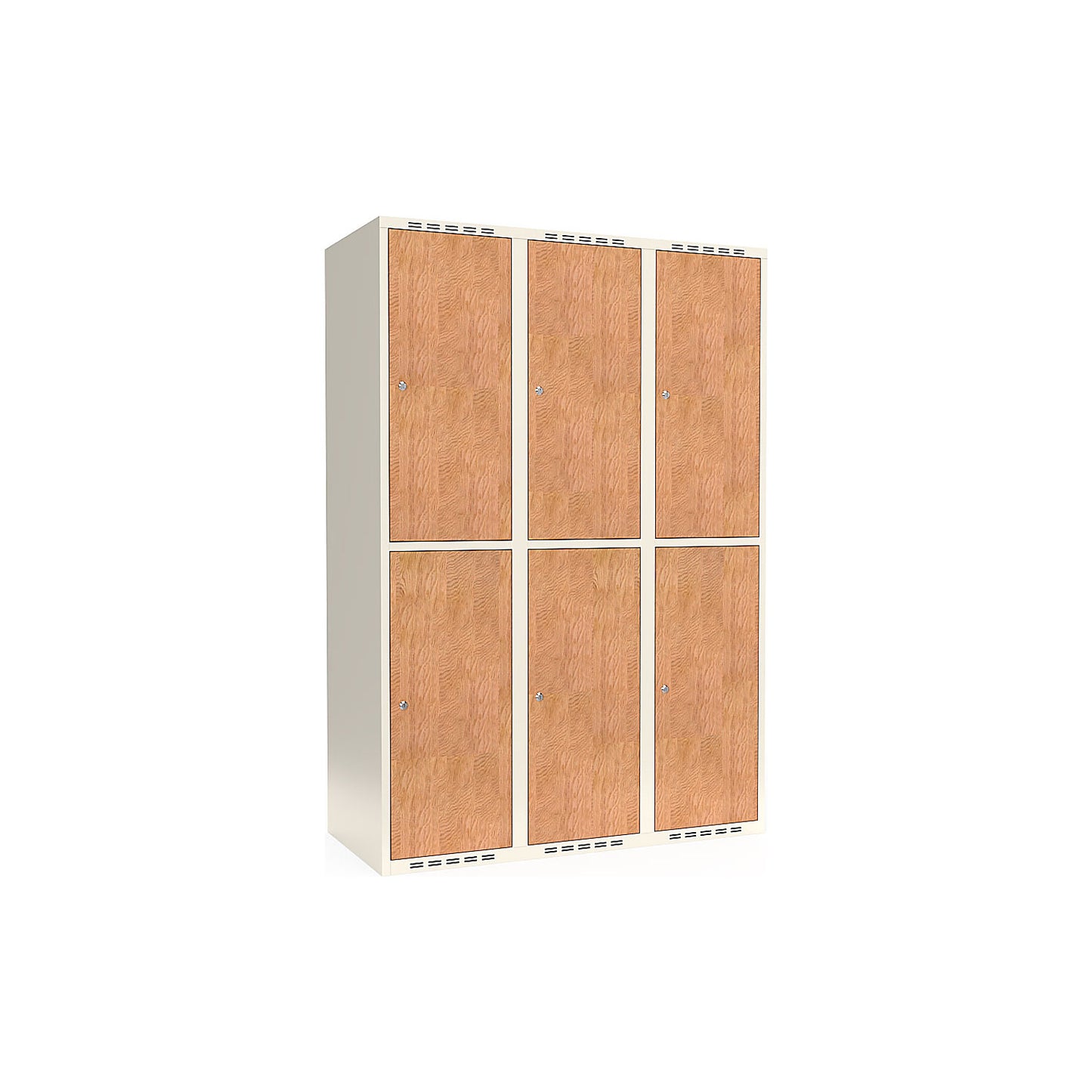 Fydor double deck clothes locker, HPL, 3 sections, white/oak, W 1200 mm, flat roof shape, cylinder lock.