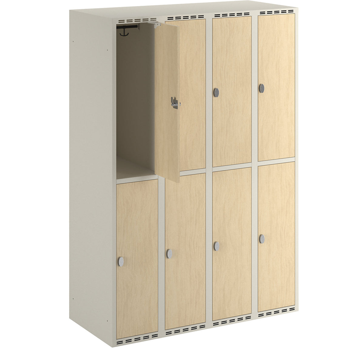 Fydor double deck clothes locker, HPL, 4 sections, white/birch, W 1200 mm, flat roof shape, padlock.