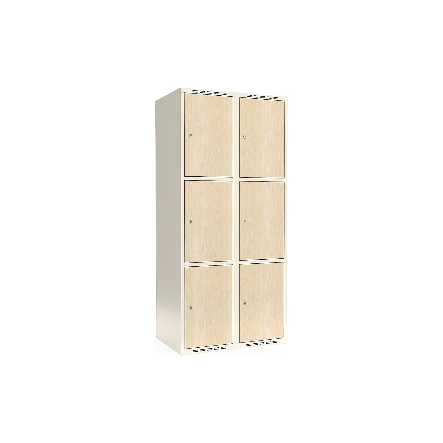 Fydor 3-door compartment locker, HPL, 2 sections, white/birch, W 800 mm, flat roof shape, cylinder lock.