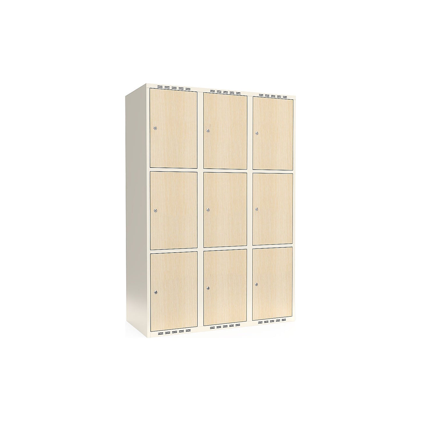 Fydor 3-door compartment locker, HPL, 3 sections, white/birch, W 1200 mm, flat roof shape, cylinder lock.