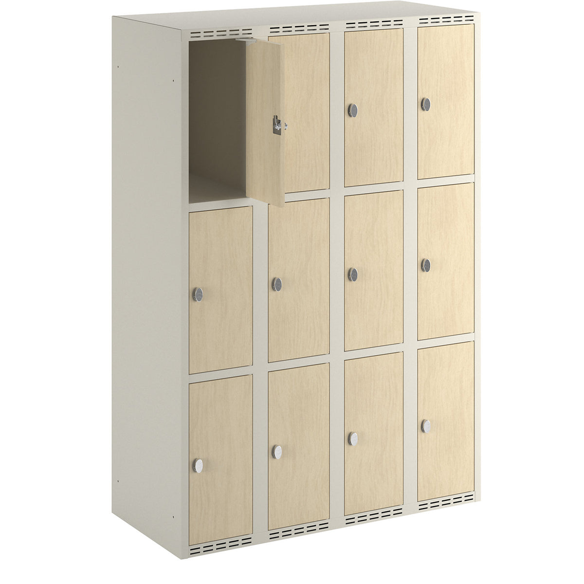 Fydor 3-door compartment locker, HPL, 4 sections, white/birch, W 1200 mm, flat roof shape, padlock.