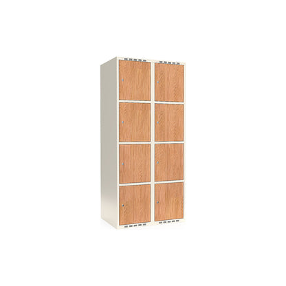 Fydor 4-door compartment locker, HPL, 2 sections, white/oak, W 800 mm, flat roof shape, cylinder lock.