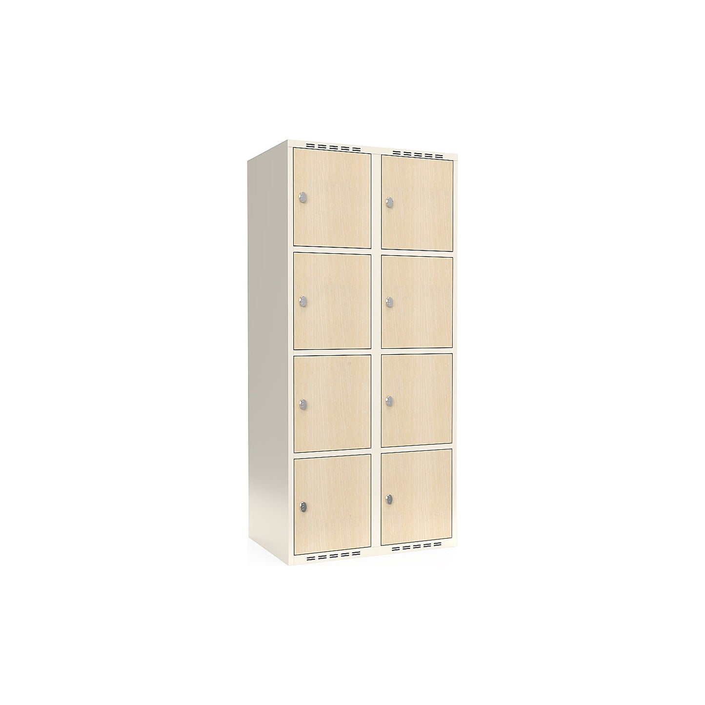 Fydor 4-door compartment locker, HPL, 2 sections, white/birch, W 800 mm, flat roof shape, cylinder lock.