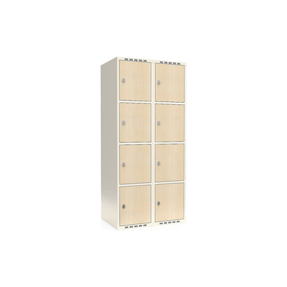 Fydor 4-door compartment locker, HPL, 2 sections, white/birch, W 800 mm, flat roof shape, cylinder lock.