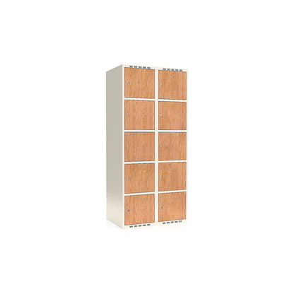 Fydor 5-door compartment locker, HPL, 2 sections, white/oak, W 800 mm, flat roof shape, cylinder lock.