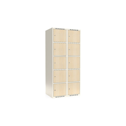 Fydor 5-door compartment locker, HPL, 2 sections, white/birch, W 800 mm, flat roof shape, cylinder lock.