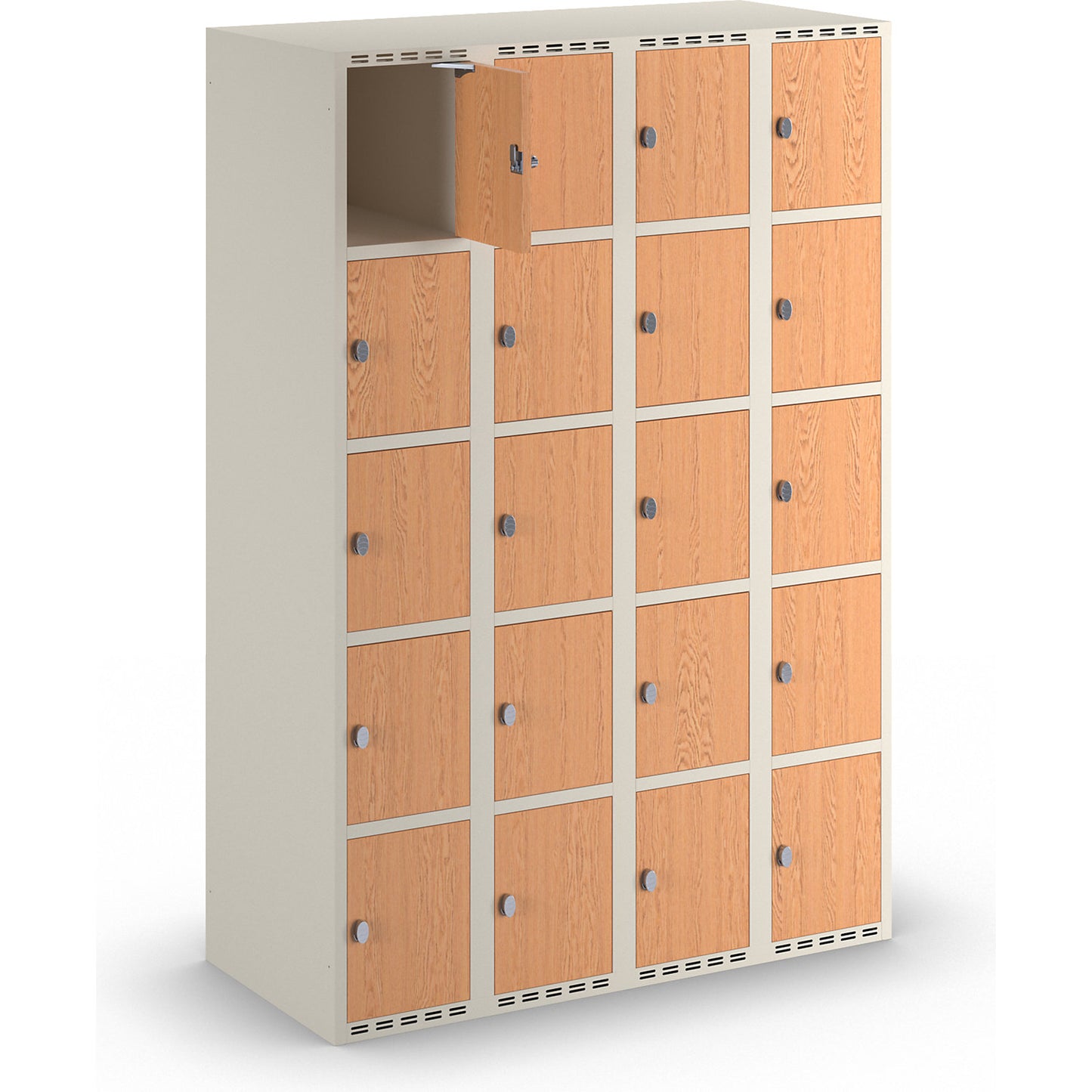 Fydor 5-door compartment locker, HPL, 4 sections, white/oak, W 1200 mm, flat roof shape, padlock.