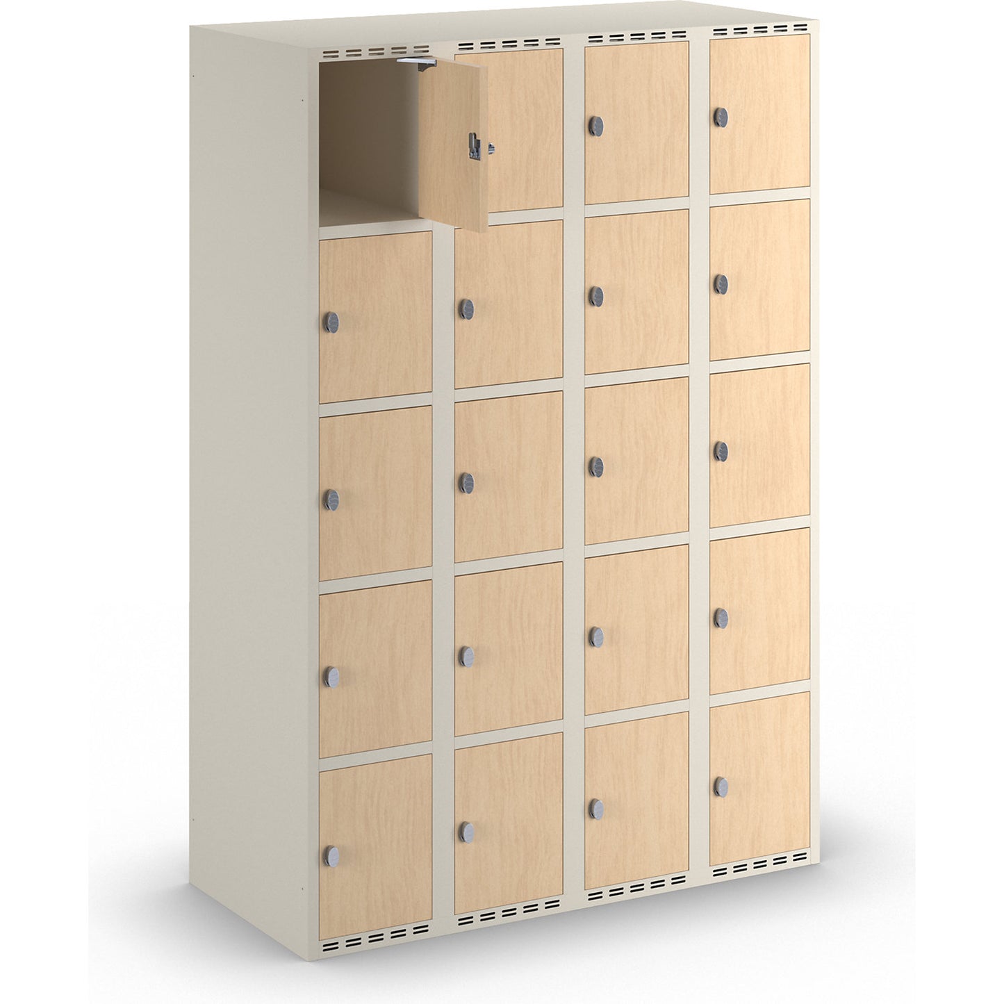 Fydor 5-door compartment locker, HPL, 4 sections, white/birch, W 1200 mm, flat roof shape, padlock.