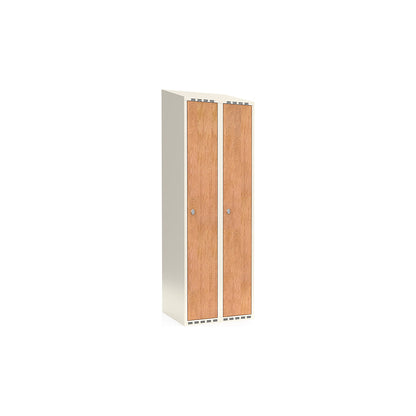 Fydor clothes locker, HPL, 2 sections, white/oak, W 600 mm, sloping roof shape, padlock.