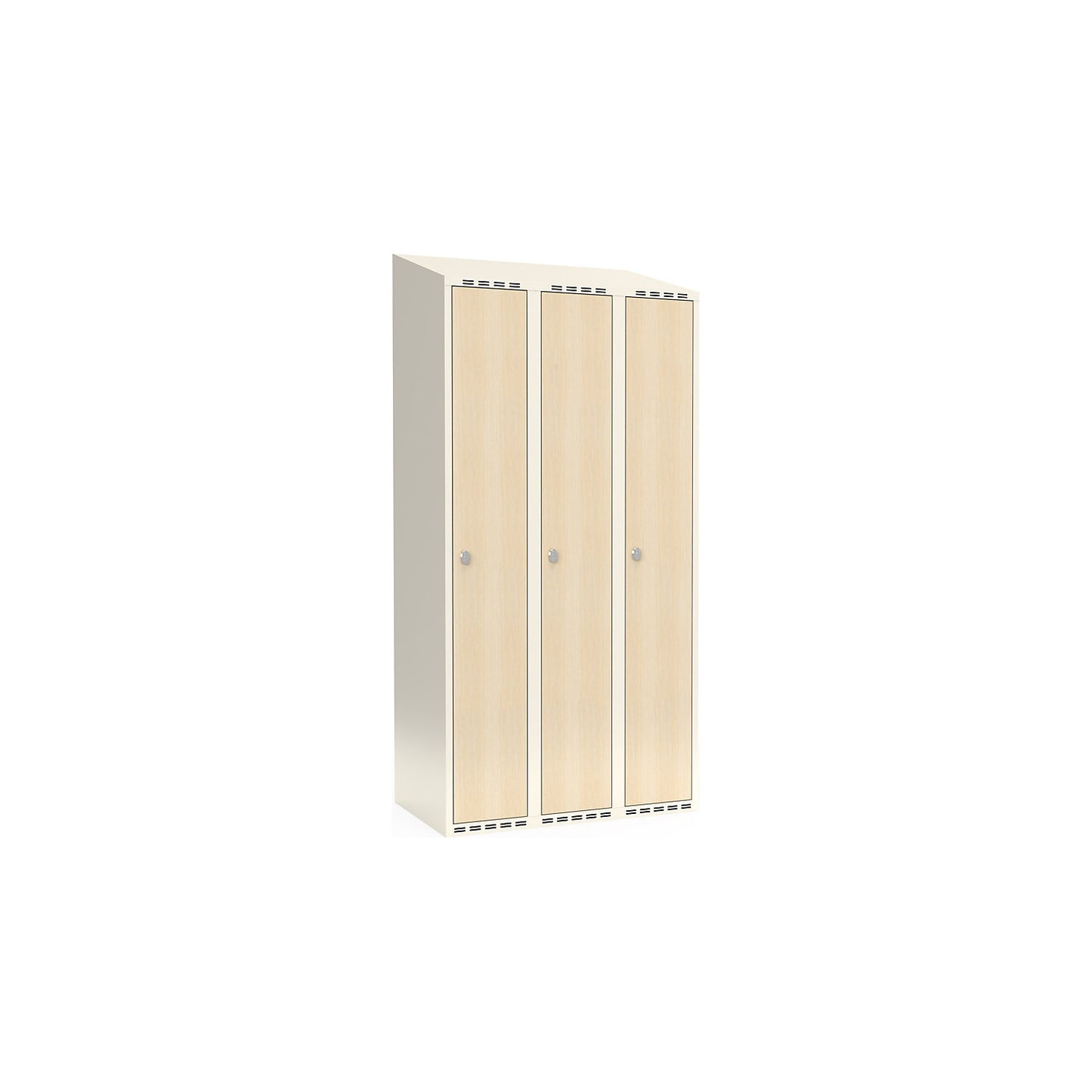 Fydor clothes locker, HPL, 3 sections, white/birch, W 900 mm, sloping roof shape, padlock.