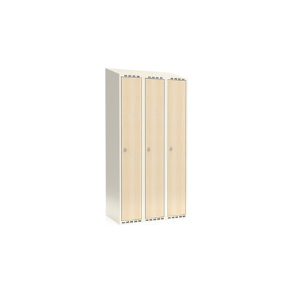 Fydor clothes locker, HPL, 3 sections, white/birch, W 900 mm, sloping roof shape, padlock.