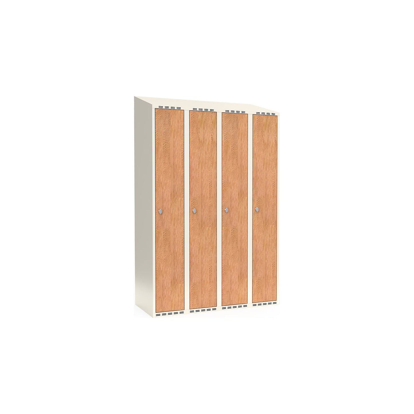 Fydor clothes locker, HPL, 4 sections, white/oak, W 1200 mm, sloping roof shape, padlock.