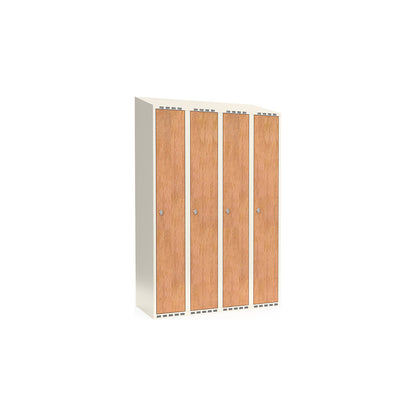 Fydor clothes locker, HPL, 4 sections, white/oak, W 1200 mm, sloping roof shape, padlock.