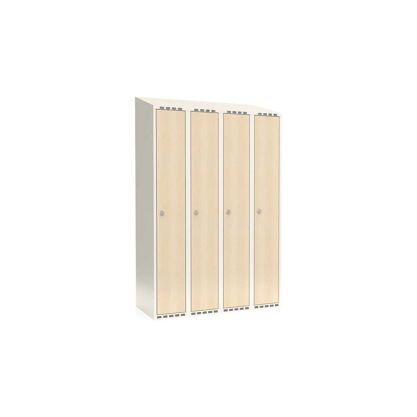 Fydor clothes locker, HPL, 4 sections, white/birch, W 1200 mm, sloping roof shape, padlock.