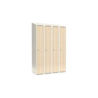 Fydor clothes locker, HPL, 4 sections, white/birch, W 1200 mm, sloping roof shape, padlock.