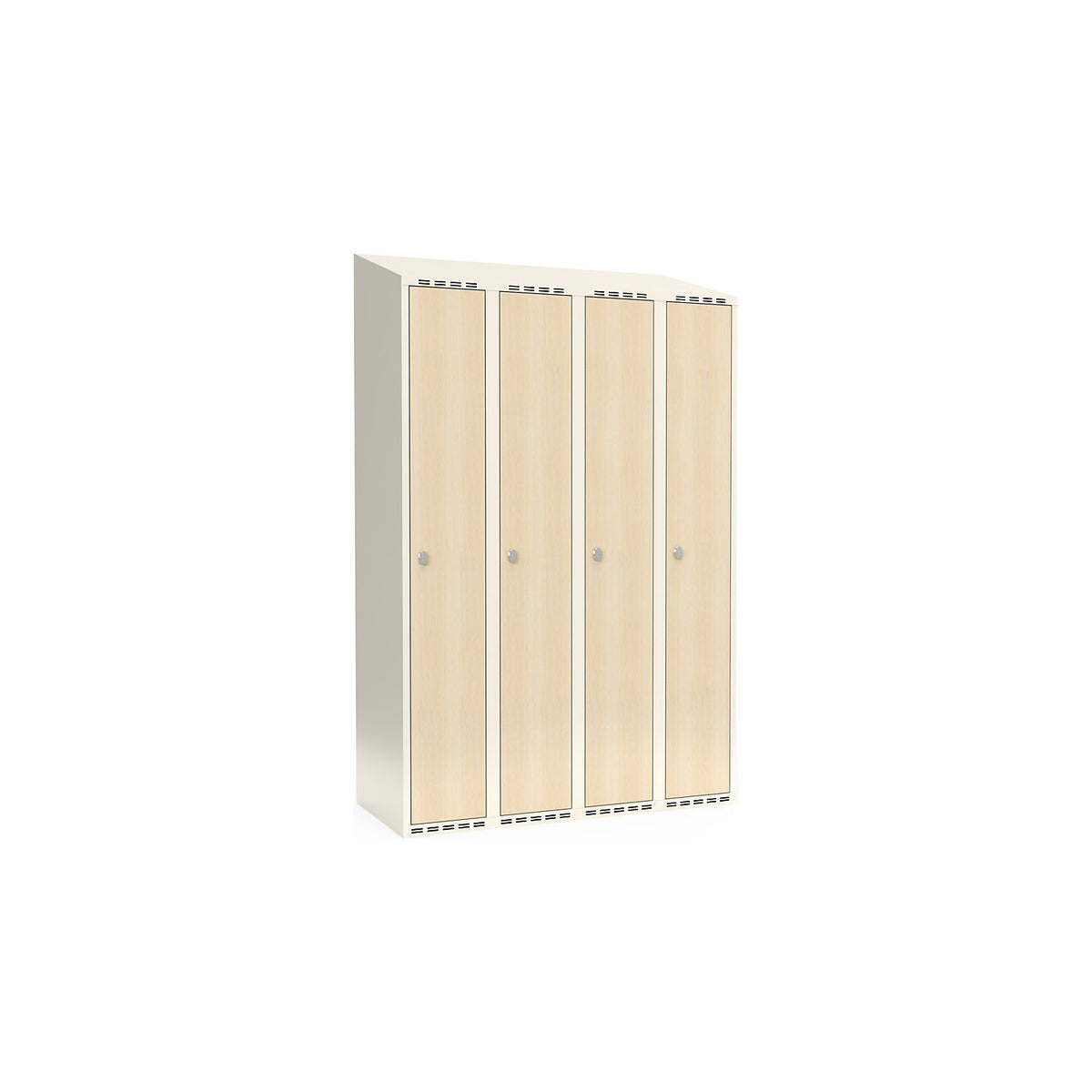 Fydor clothes locker, HPL, 4 sections, white/birch, W 1200 mm, sloping roof shape, padlock.