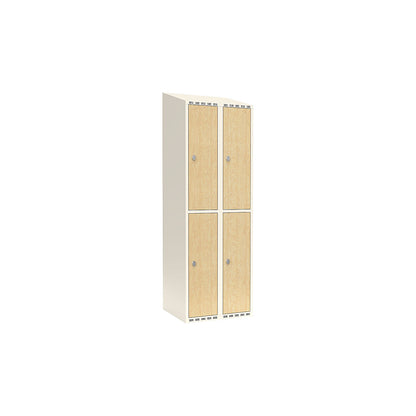 Fydor double deck clothes locker, HPL, 2 sections, white/birch, W 600 mm, sloping roof shape, padlock.