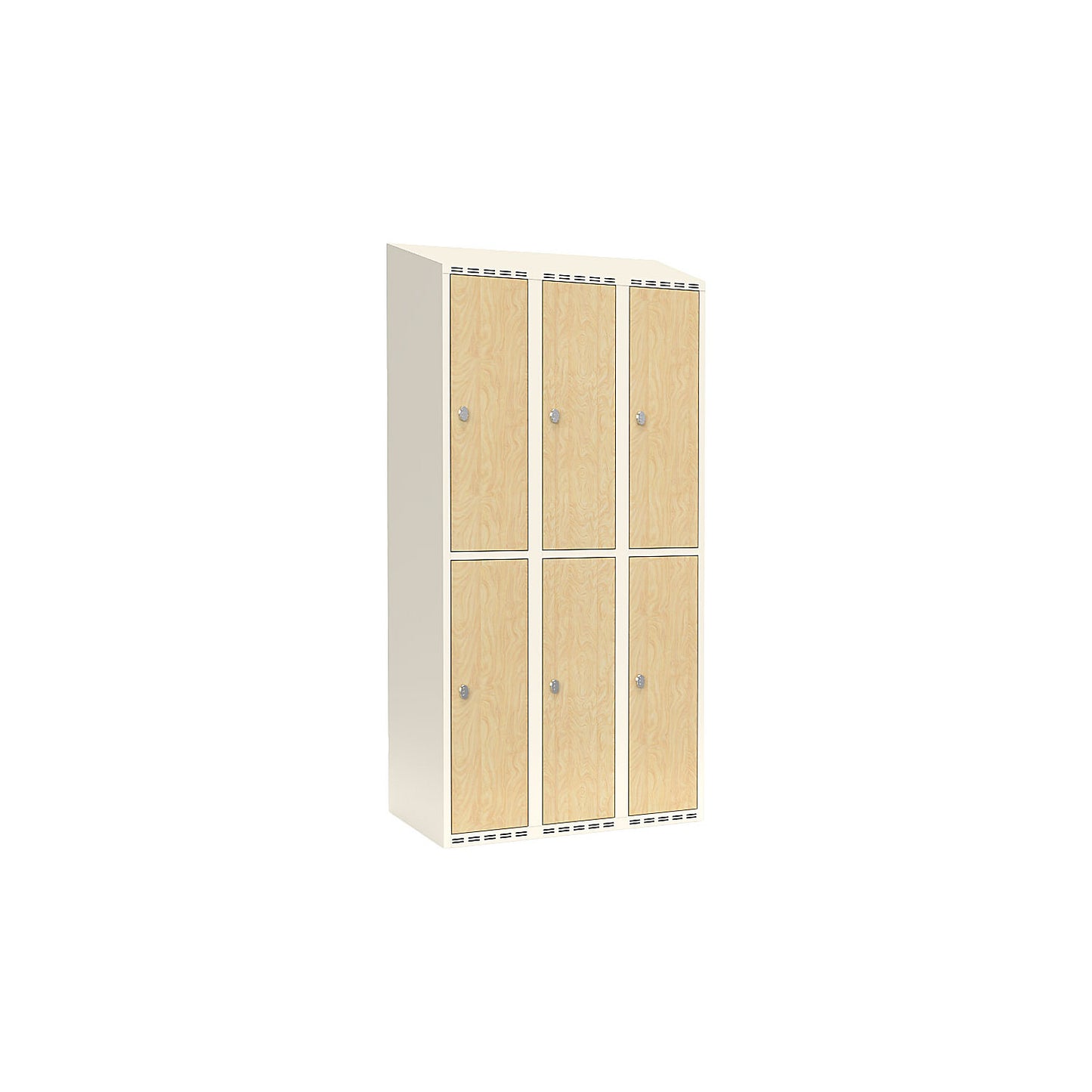 Fydor double deck clothes locker, HPL, 3 sections, white/birch, W 900 mm, sloping roof shape, padlock.