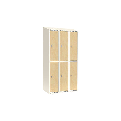 Fydor double deck clothes locker, HPL, 3 sections, white/birch, W 900 mm, sloping roof shape, padlock.